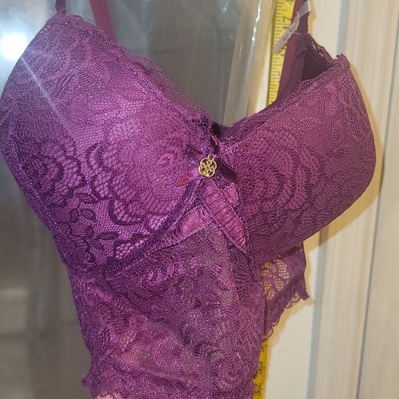 Daisey Fuentes Long Line Bra, PushUp UnderWire 38DD, Maroon, laced Floral - Picture 6 of 10